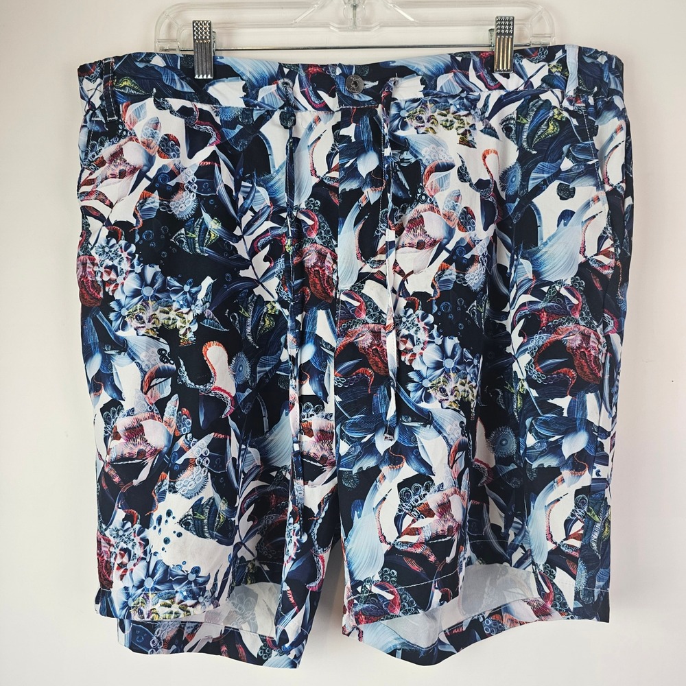 Robert Graham Mens Octopus Floral Print Swim Trunks 38 Blue Red Tropical